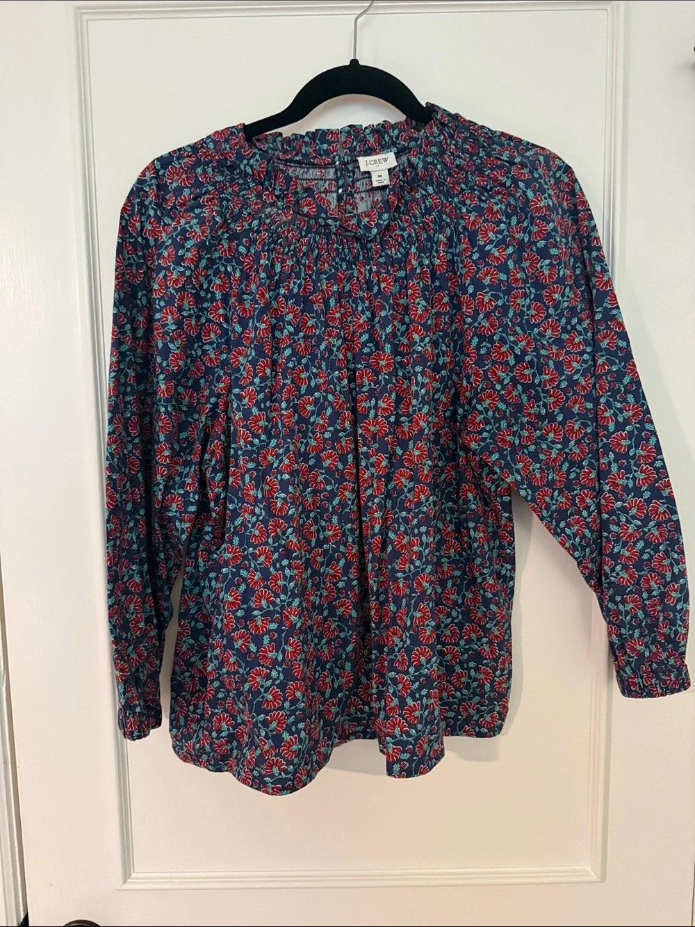 J. Crew Navy Blouse with Red and Teal Floral Print
